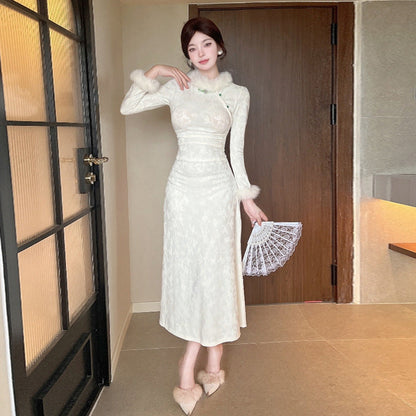 Kvinna Qipao Klänning Fisksvans Polyester med Pälskrage-3