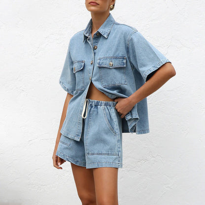 Dam Casual Denim Set Kortärmad Skjorta Shorts Denim-4