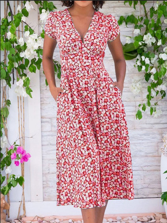 Damklänning V-hals A-linje Midi Fyrvägsstretch Bohemisk Stil 1