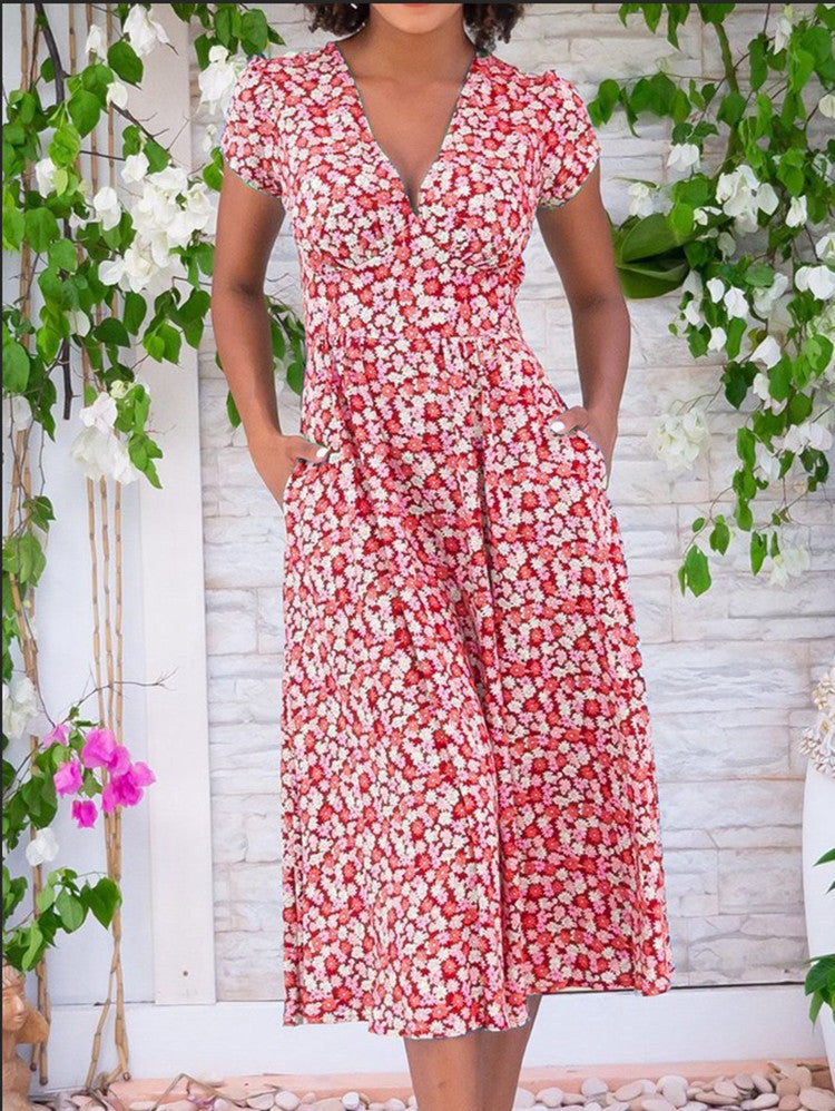 Damklänning V-hals A-linje Midi Fyrvägsstretch Bohemisk Stil 7