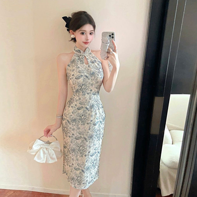 Kvinnors Cheongsam Klänning Blommönster med Pärldetaljer Polyester-4