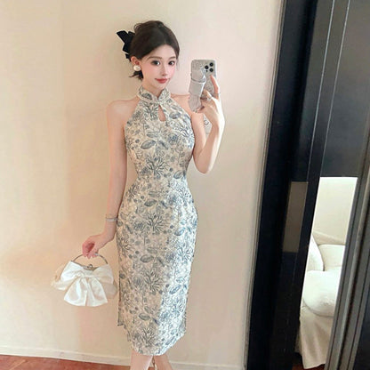 Kvinnors Cheongsam Klänning Blommönster med Pärldetaljer Polyester-4