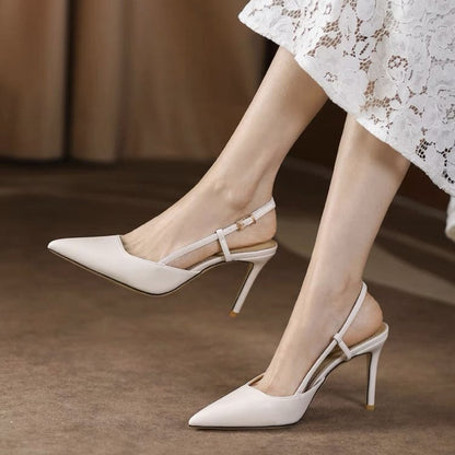 Slingback Skor för Kvinnor med Spetsig Tå i Syntetiskt Läder – Elegant Pump med Hög Häl och Elastisk Rem 5