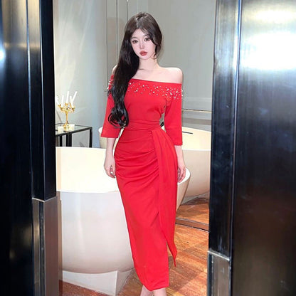 Damklänning Axelbandslös Kort Slits Polyester-3