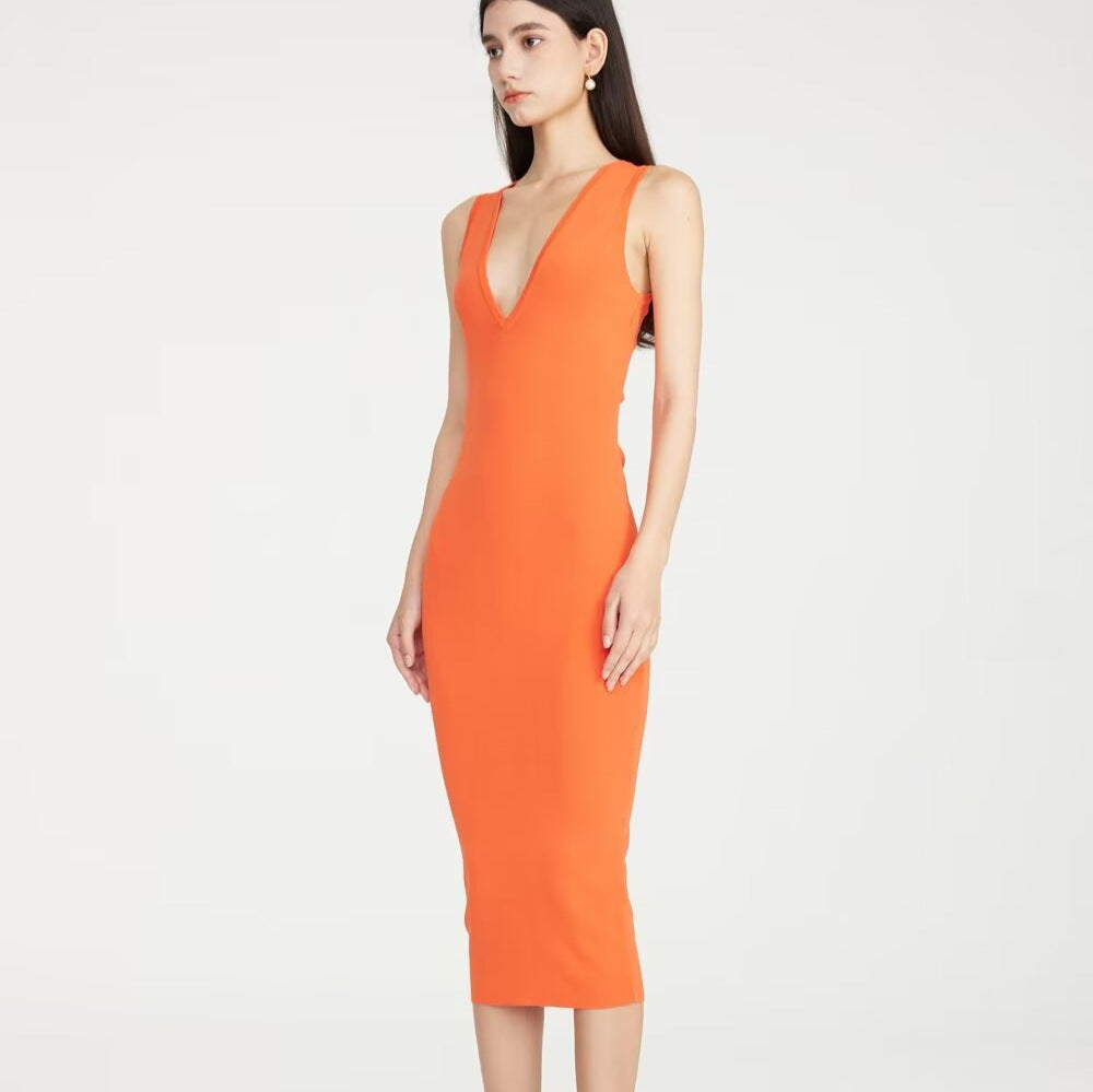 Damklänning Slim Fit V-ringning Midilängd Högkvalitativt Tyg-4