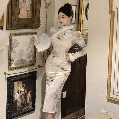 Kvinnors Midi Klänning Qipao Stil Högkvalitativt Tyg-2