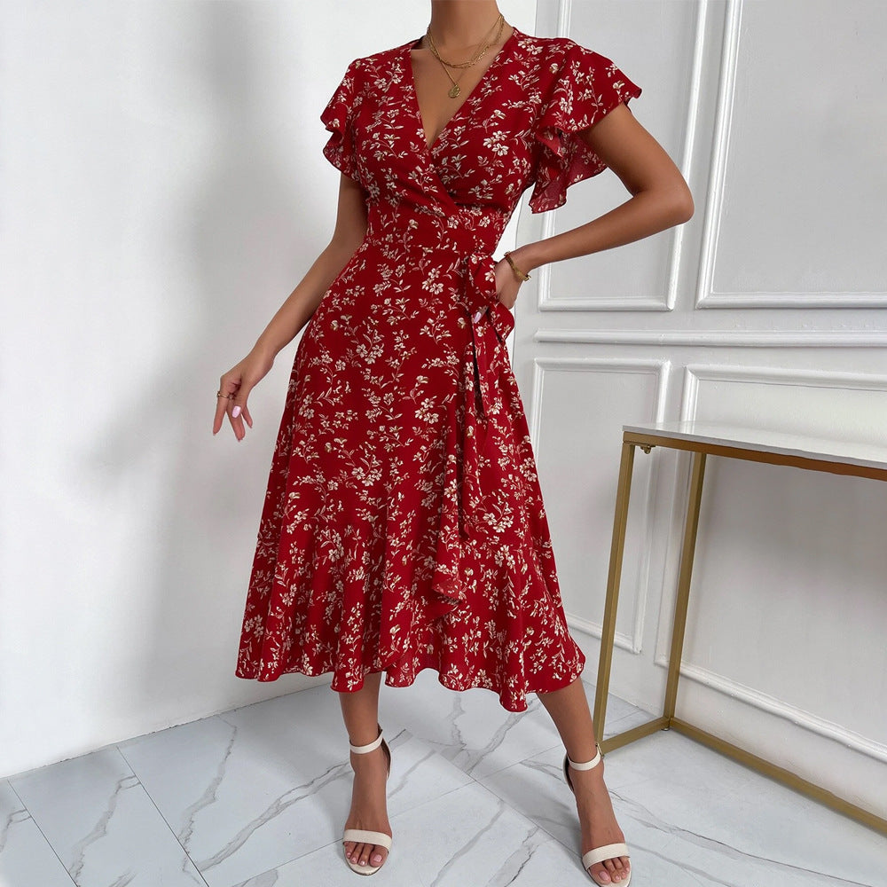 Blommig A-Linje Damklänning i Syntetiskt Tyg med Lång Ärmar – Elegant och Fina Dam Klänningar för Fest och Sommar 2