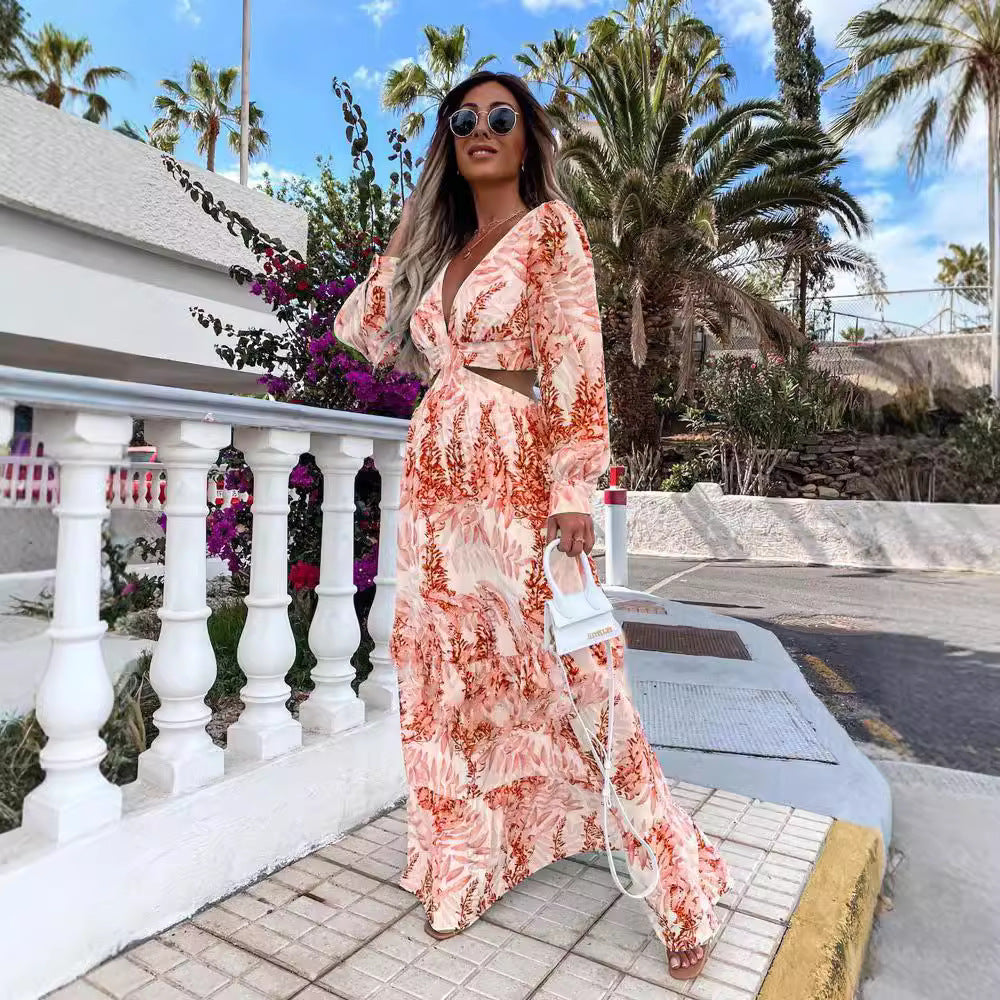 Kvinna A-Line Klänning Blommig V-ringning Långa Ärmar Polyester Bomull 5