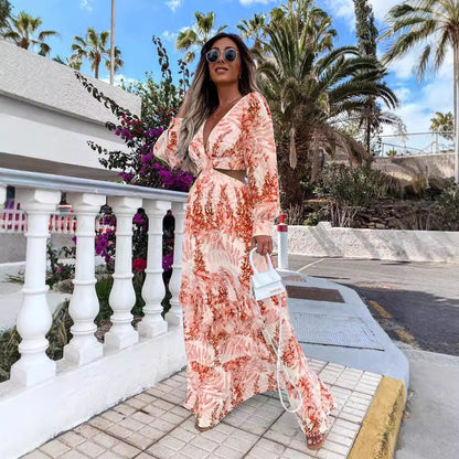 Kvinna A-Line Klänning Blommig V-ringning Långa Ärmar Polyester Bomull 5