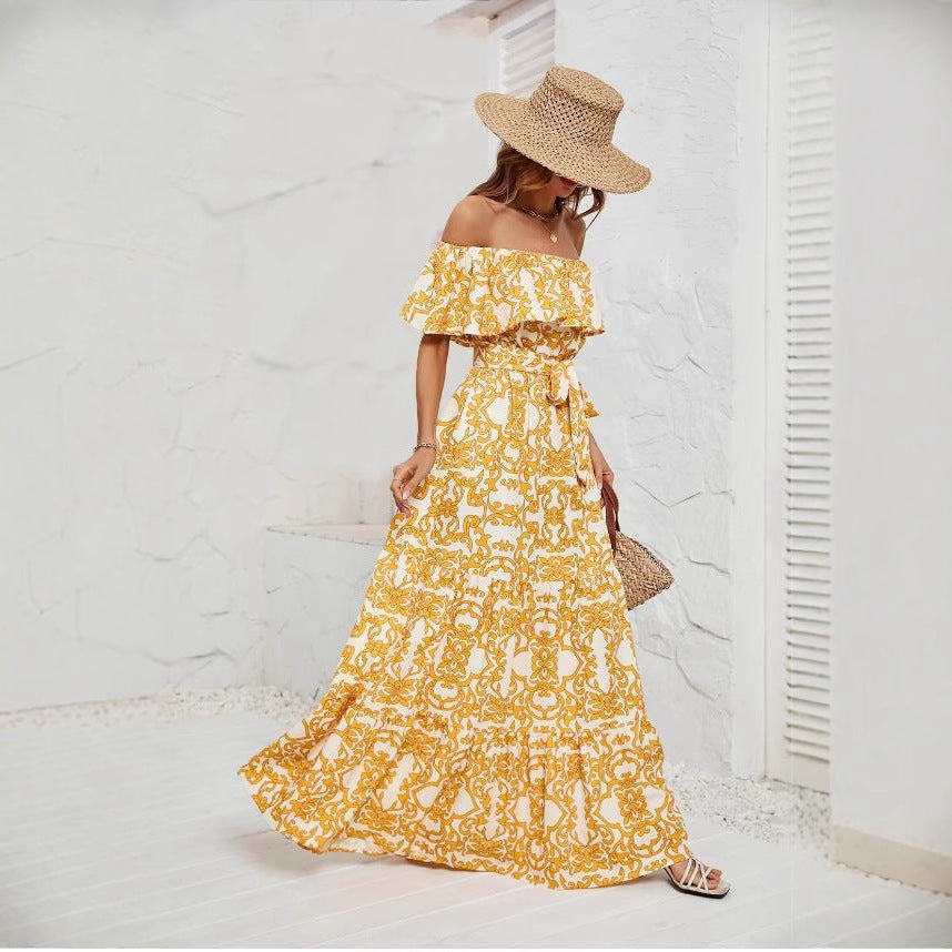 Kvinnors Off-Shoulder Klänning Blommönster Rynkad Polyester-5