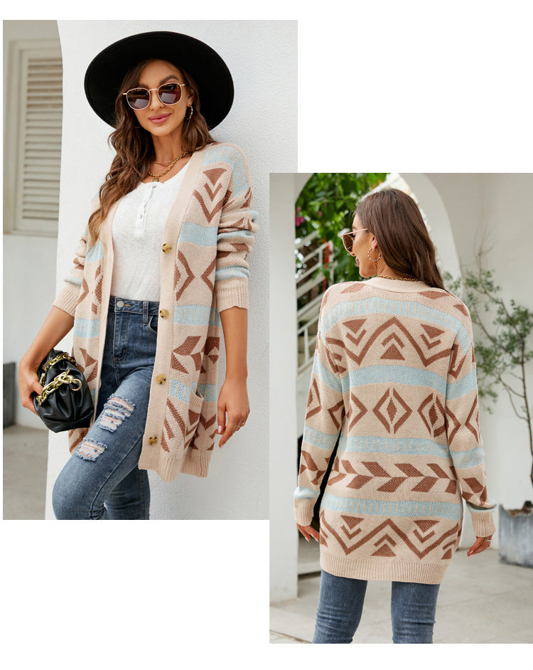 Dam Cardigan V-ringad Jacquard Akryl Löst Passform-5