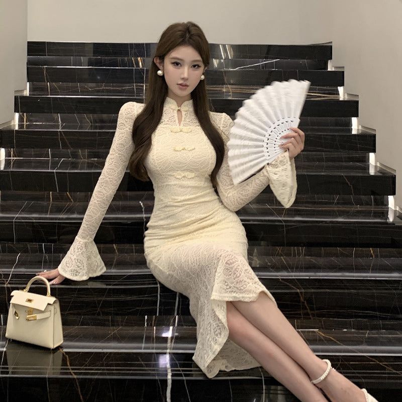 Damklänning Bodycon med Spetsdetaljer och Långa Ärmar-4