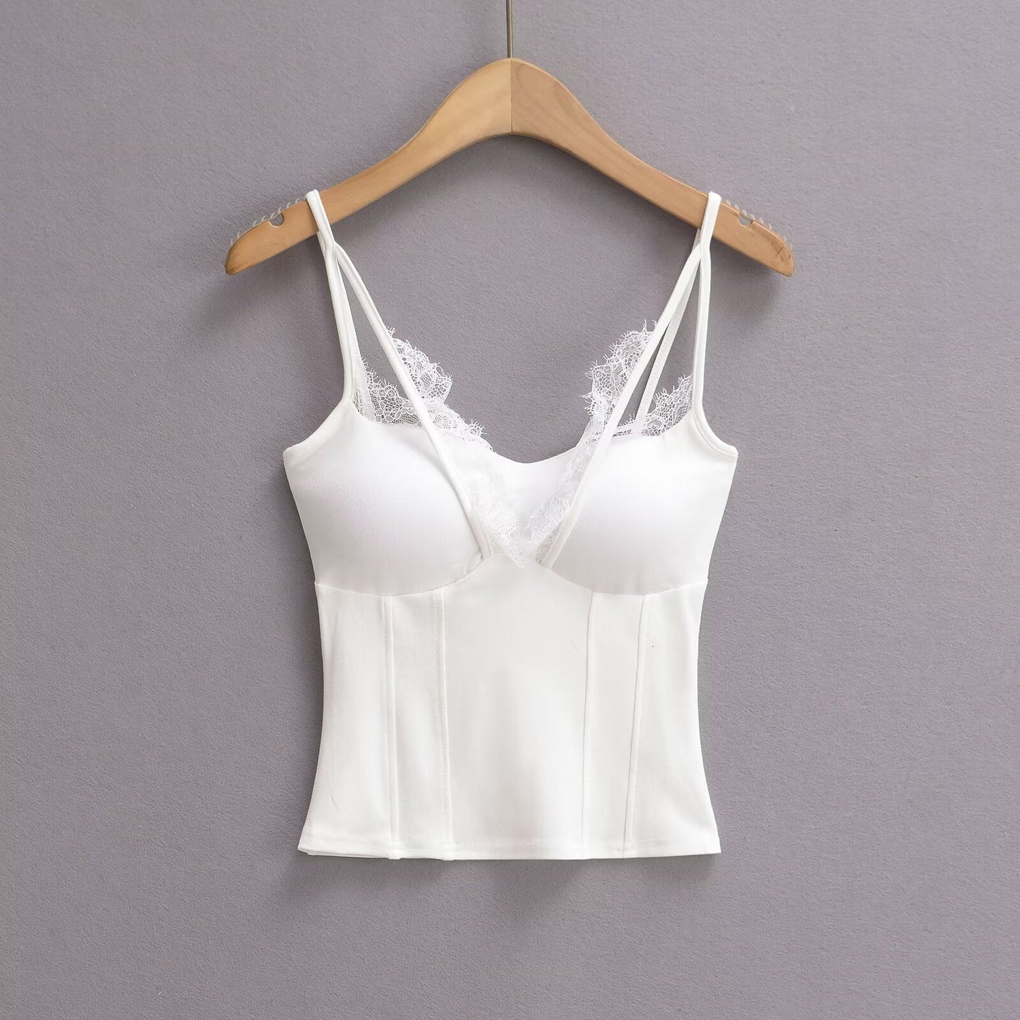 Kvinnors Spaghettiband Festtop med Spetsdetaljer Mjuk Blandning-5