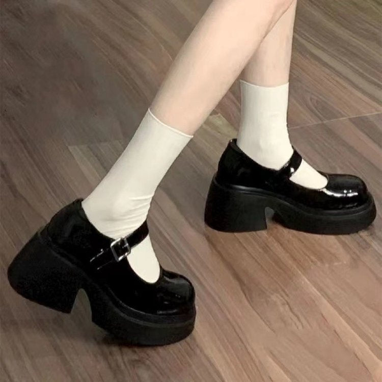 Dam Skor Mary Jane Chunky Klackar Högkvalitativt Färgläder-4