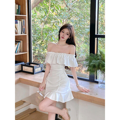 Kvinnors Minikjolklänning Rufsad En-axel Polyester-3