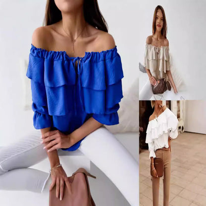 Dam Skjorta Ruffle Kortärmad Polyester Spandex-2