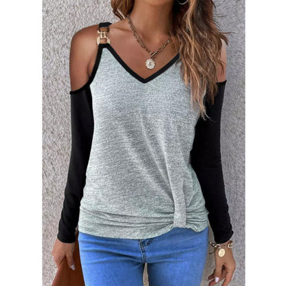 Dam Långärmad T-Shirt V-ringning Polyester med Metallspänne-4