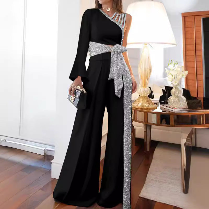 Dam Off-Shoulder Set Loose Fit Polyester med Breda Benbyxor-4