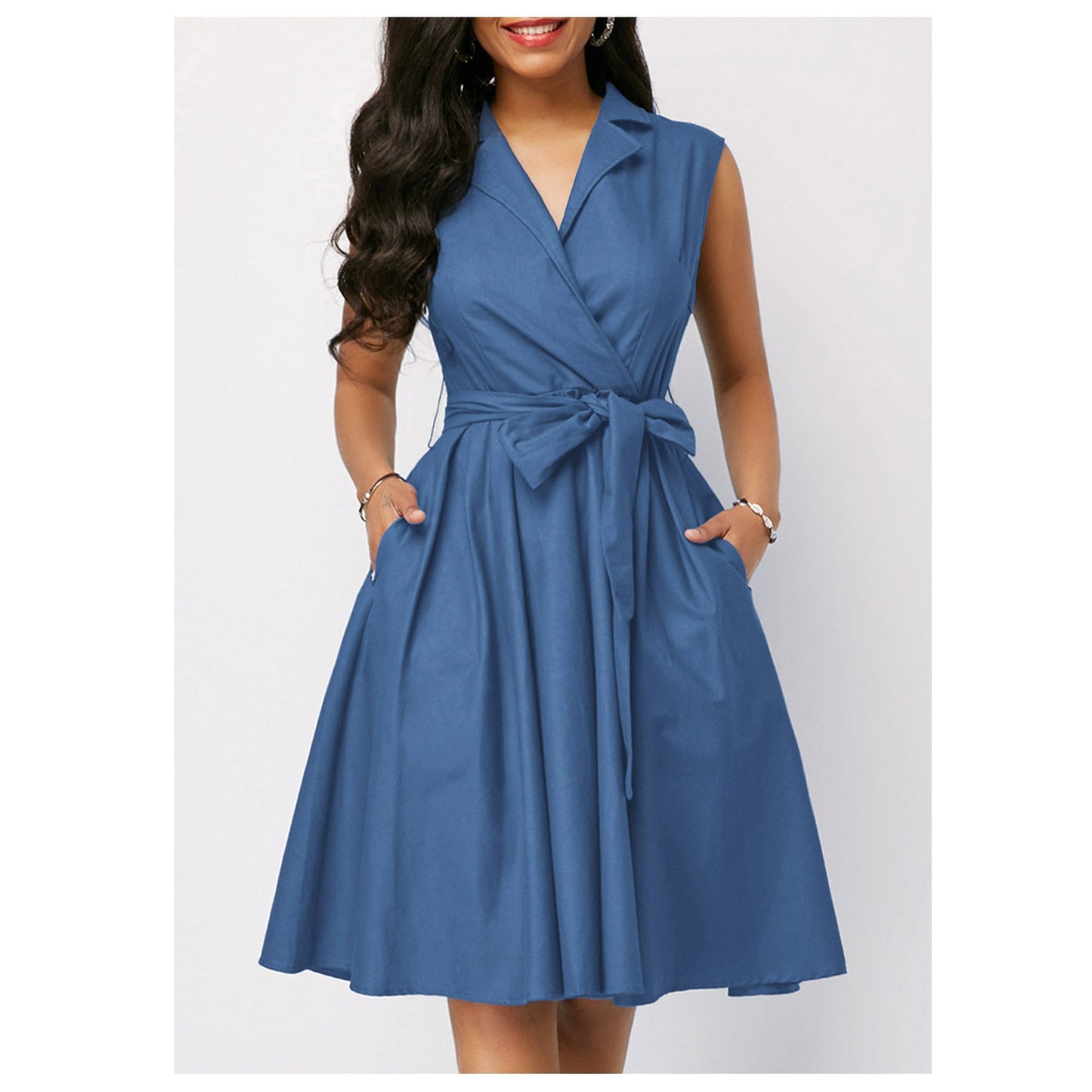 Damklänning A-linjeformad Midi Denim med Midjebälte-4