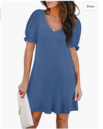 Kvinna Kort Armklänning V-ringning Lätt Tyg Puffade Ärmar 11