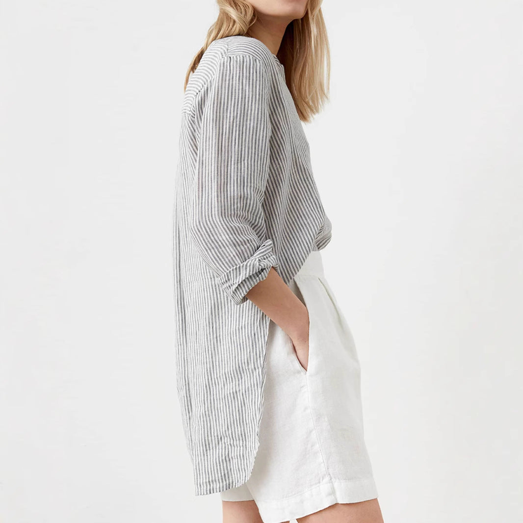 Herrskjorta Halvöppen Randig Bomull Långa Ärmar-5