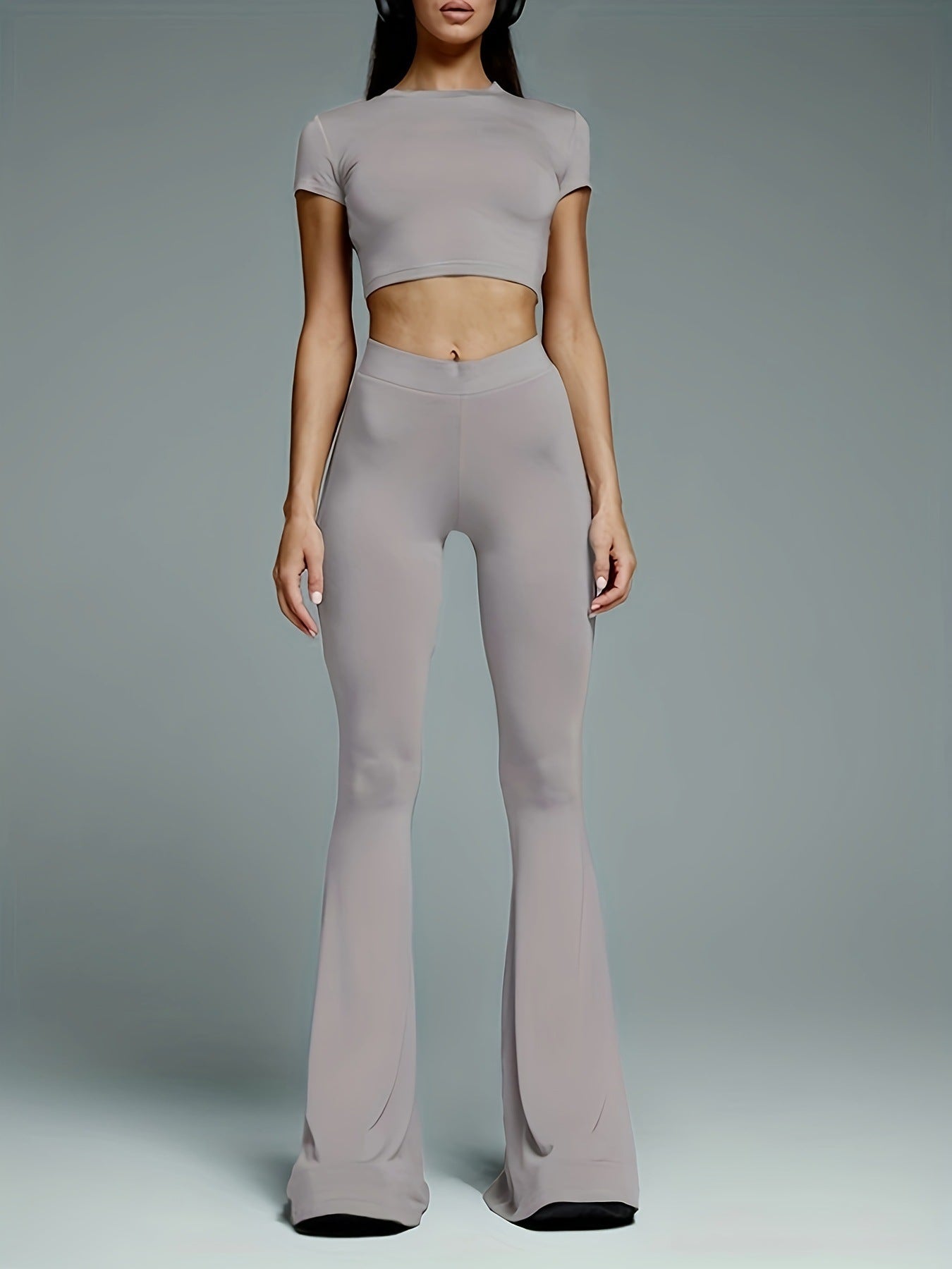 Kostym Set Dam Högmidjade Byxor och Crop-Top Polyester Trekvartsärmar 10