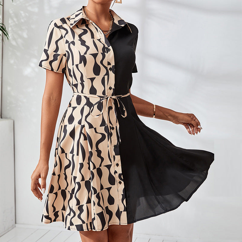 Kvinnors Midi Klänning A-linjeformad Patchwork med Skjortkrage-5