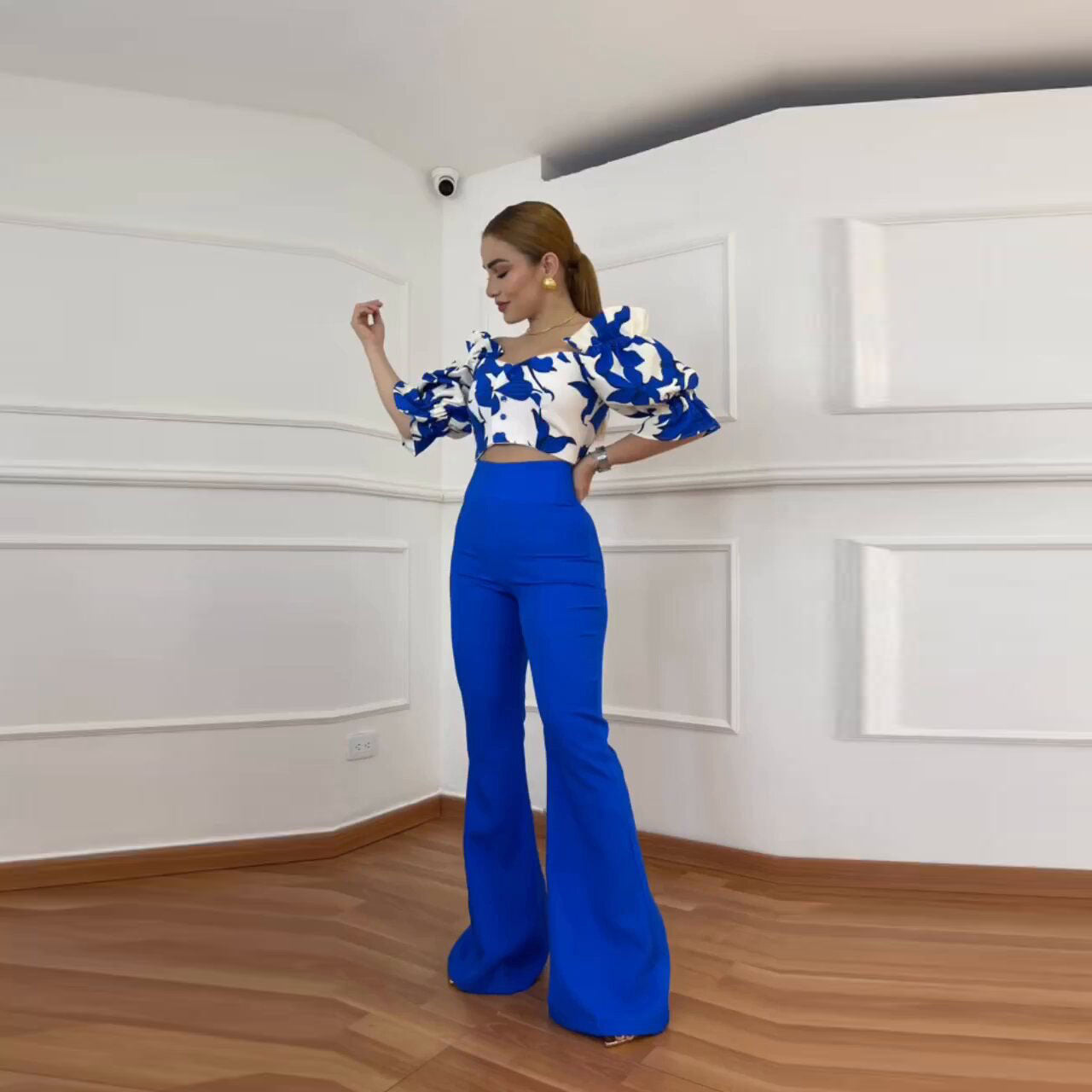 Kvinnors Blommigt Set Kort Skjorta Polyester Vida Byxor-2