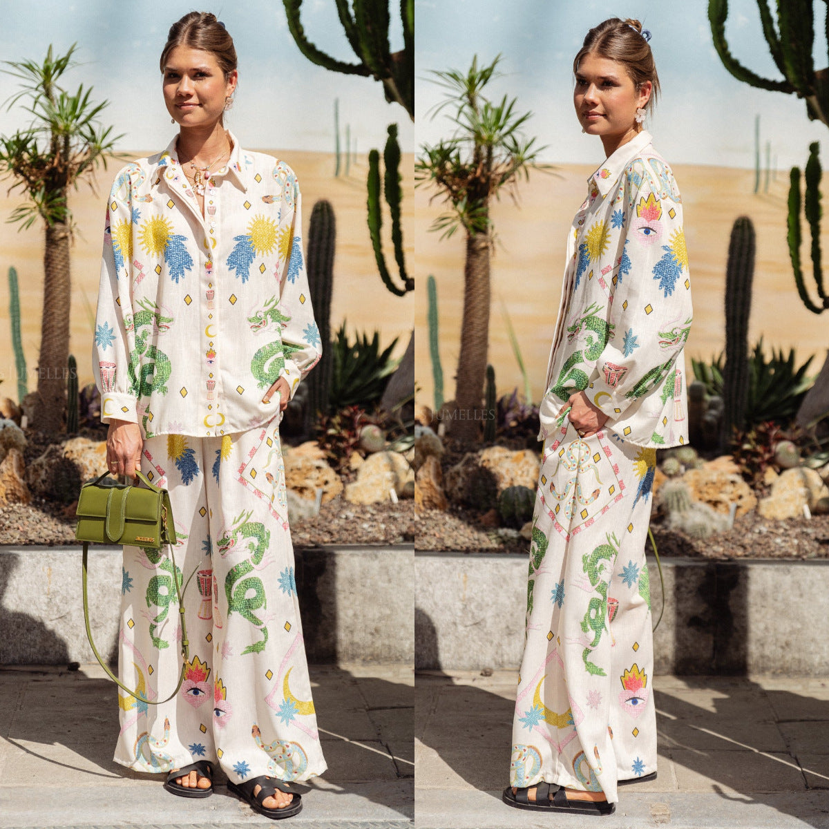 Matchande Set Dam Blommig Långärmad Skjorta och Byxor 100% Bomull 2