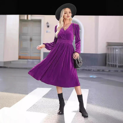 Kvinna Lång Klänning Veckad Polyester Pullover-2