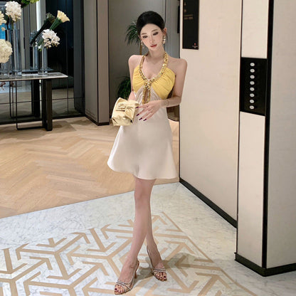 Kvinnors Halterneck Klänning Färgblockad Paljetter Polyester-3