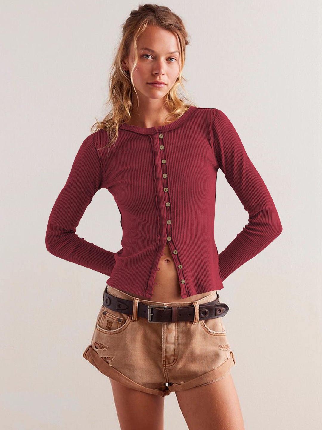Dam Knappkardigan Ribbstickad Viskos Spandex-2
