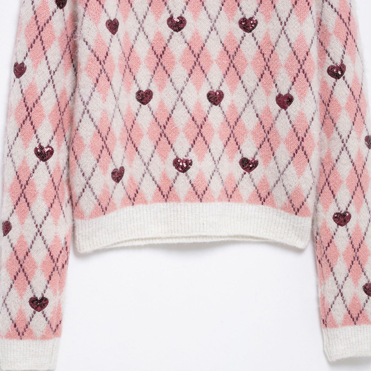 Stickad Dam Tröja med Diamantmönster och Glittrande Hjärta i Bomullsblandning-4