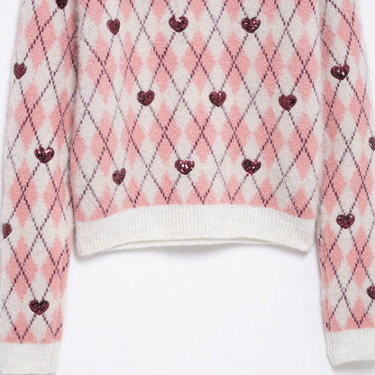 Stickad Dam Tröja med Diamantmönster och Glittrande Hjärta i Bomullsblandning-4