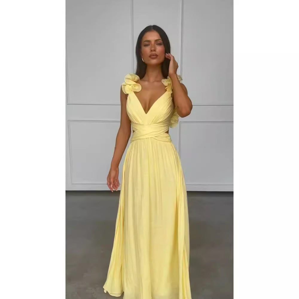 Dam Klänning Lång V-Neck Veckad Spandex Elegant-2