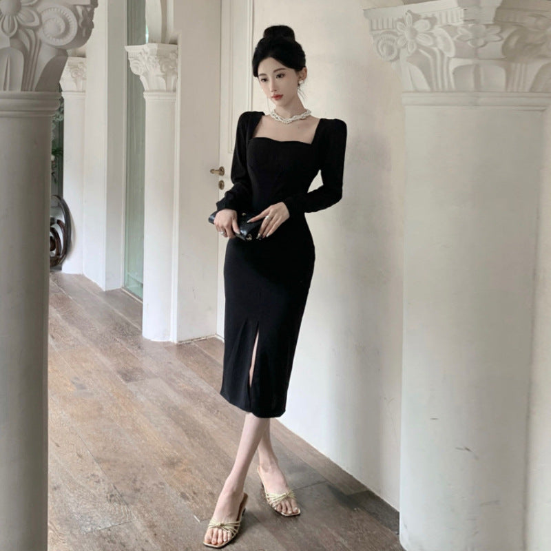 Dam Bodycon Klänning Fyrkantig Halsringning Långa Ärmar Fina Material-3