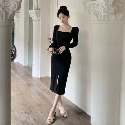 Dam Bodycon Klänning Fyrkantig Halsringning Långa Ärmar Fina Material-3