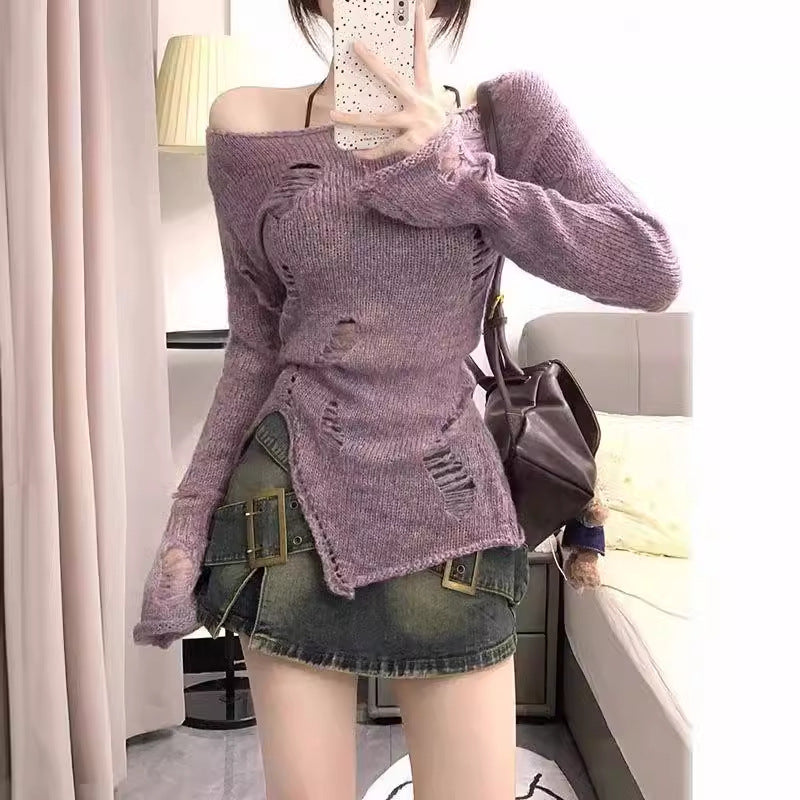 Dam Tröja Slim Fit Öppen Axel Polyester med Hålmönster-4