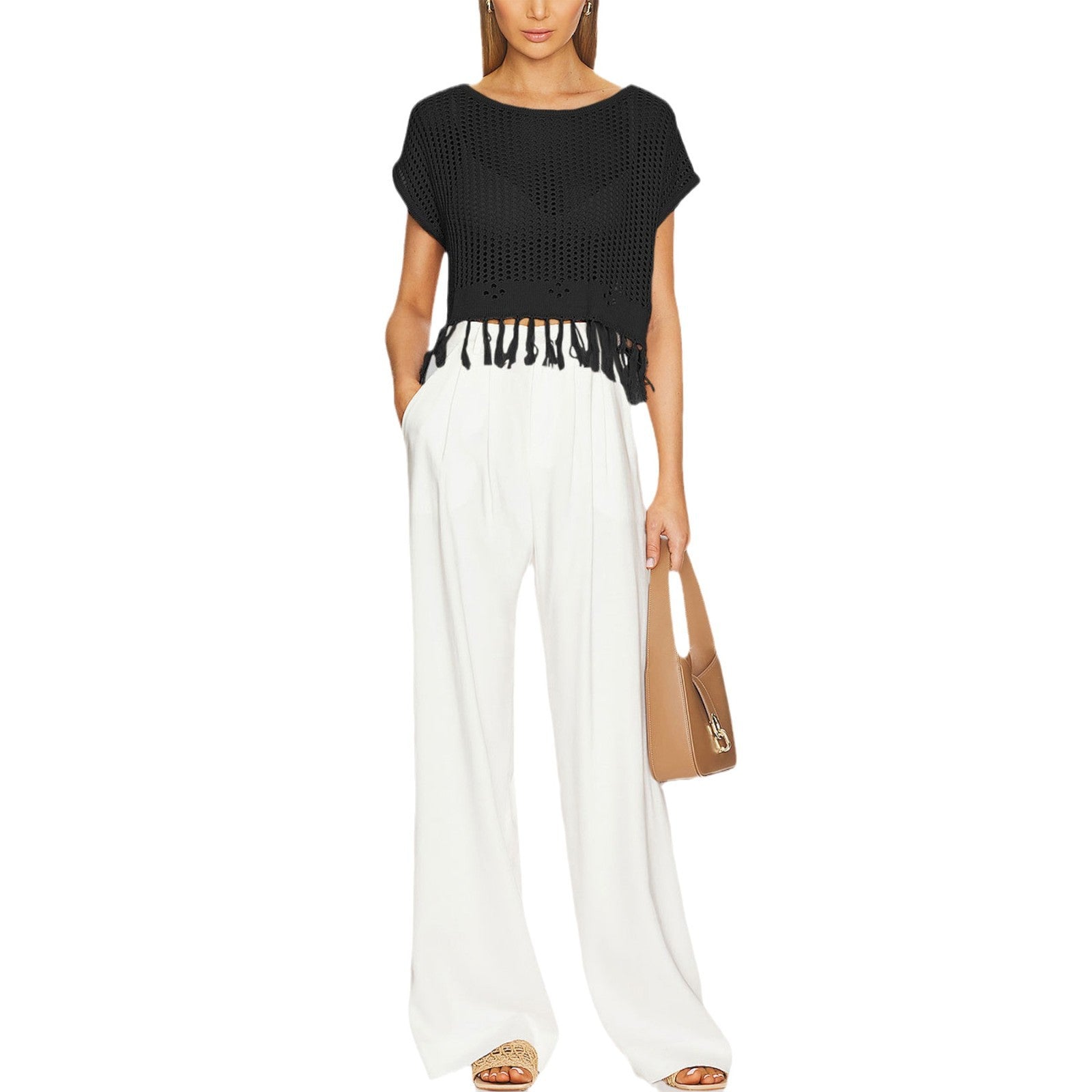 Dam T-Shirt Rund Hals Trekvartsärmar Viskosfiber-4