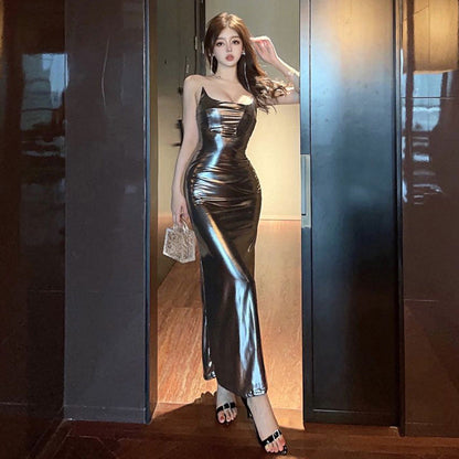 Dam Klänning Bodycon Spaghetti Remmar Polyester Slits-1