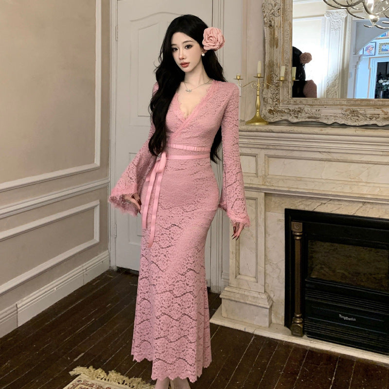 Kvinnors Sjöjungfruklänning Långa Ärmar V-ringning Högkvalitativt Tyg-1