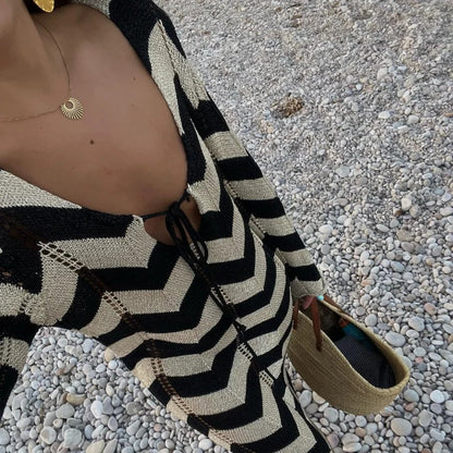 Dam Stickad Klänning Chevronmönster Djup V-hals Bomullsblandning-4