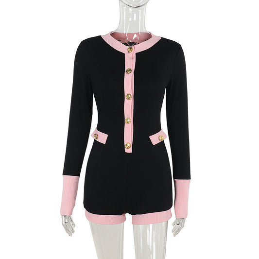 Dam Jumpsuit Med Dekorativa Knappar och Kontrastdetaljer i Mjukt Material 1