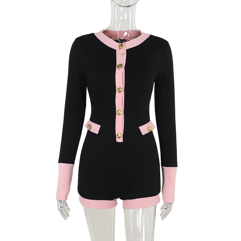 Dam Jumpsuit Med Dekorativa Knappar och Kontrastdetaljer i Mjukt Material 7