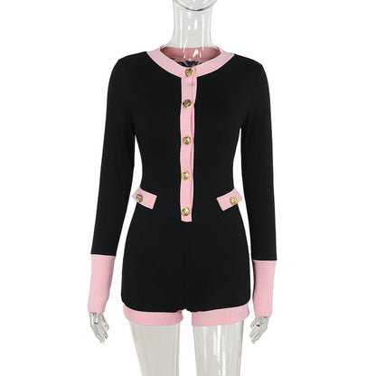 Dam Jumpsuit Med Dekorativa Knappar och Kontrastdetaljer i Mjukt Material 7