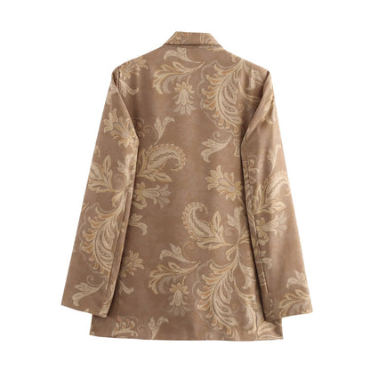 Dam Blazer Löst Vadderad Blommig Design med Reverskrage – Khaki, För Formella och Avslappnade Tillfällen 3