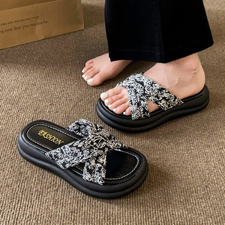 Dam Pantoletter med Dekorativa Tvärband Andningsbart Material-1