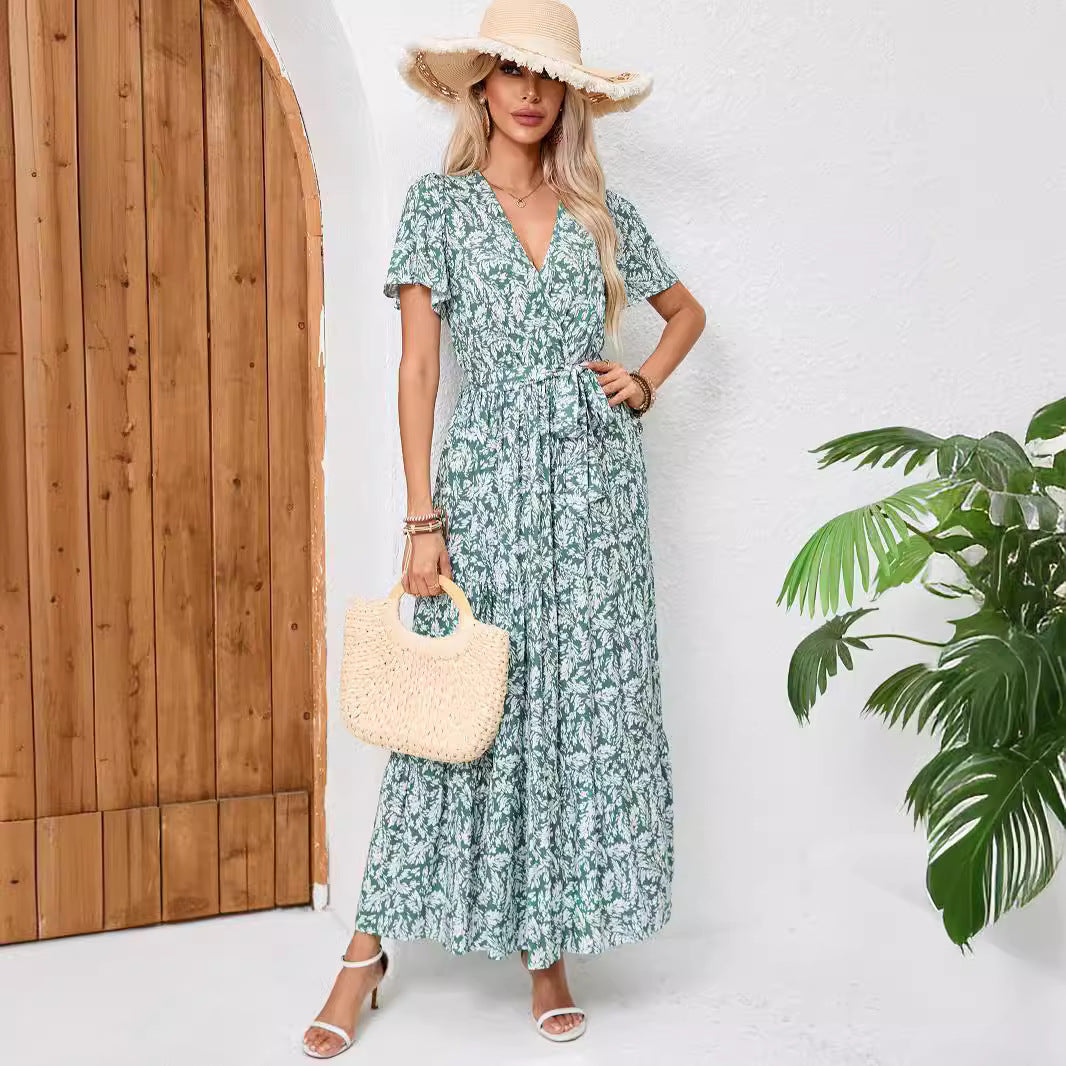 Dam Klänning Omskuren Flerskikts Rayon V-Hals Long Skirt 4