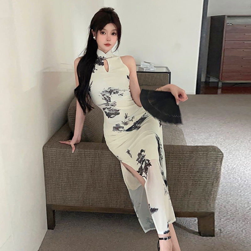 Kvinna Cheongsam Klänning Bodycon Polyester med Hög Slits-4