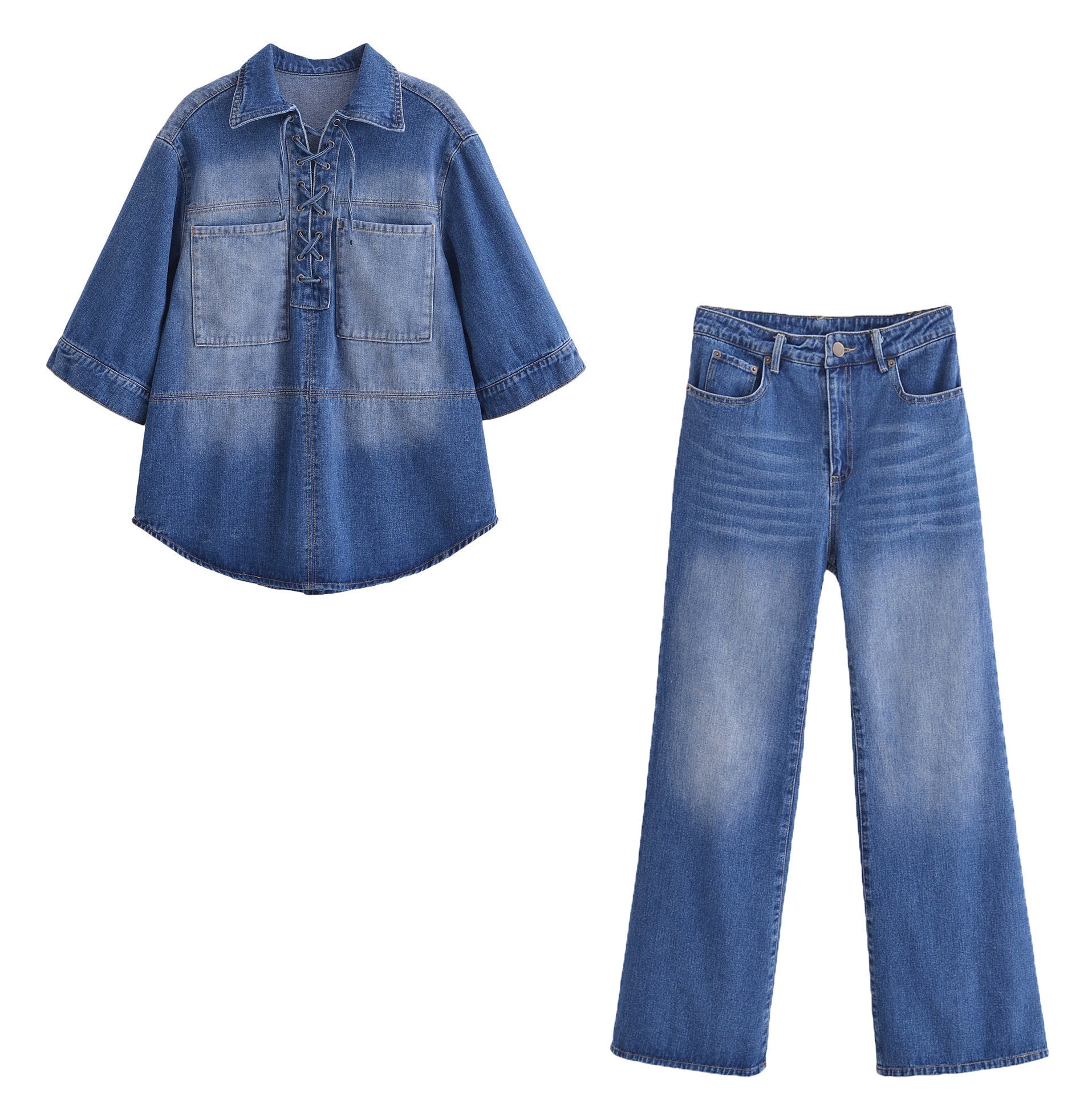 Dam Cardigan Set Denim Spetsdetaljer Polyester Elastan-2